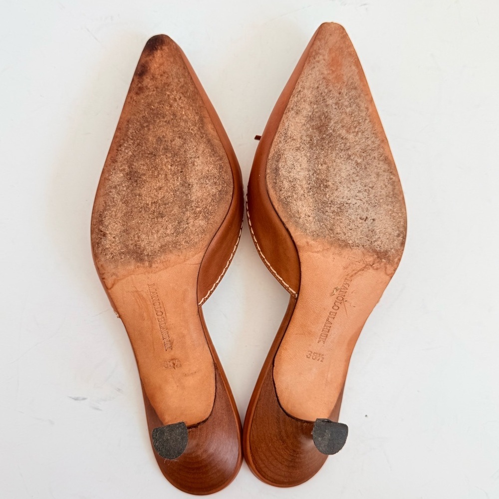 Vintage Manolo Blahnik Brown Leather Contrast Stitch Bow Mule kitten Heels 38.5 - Picture 7 of 9